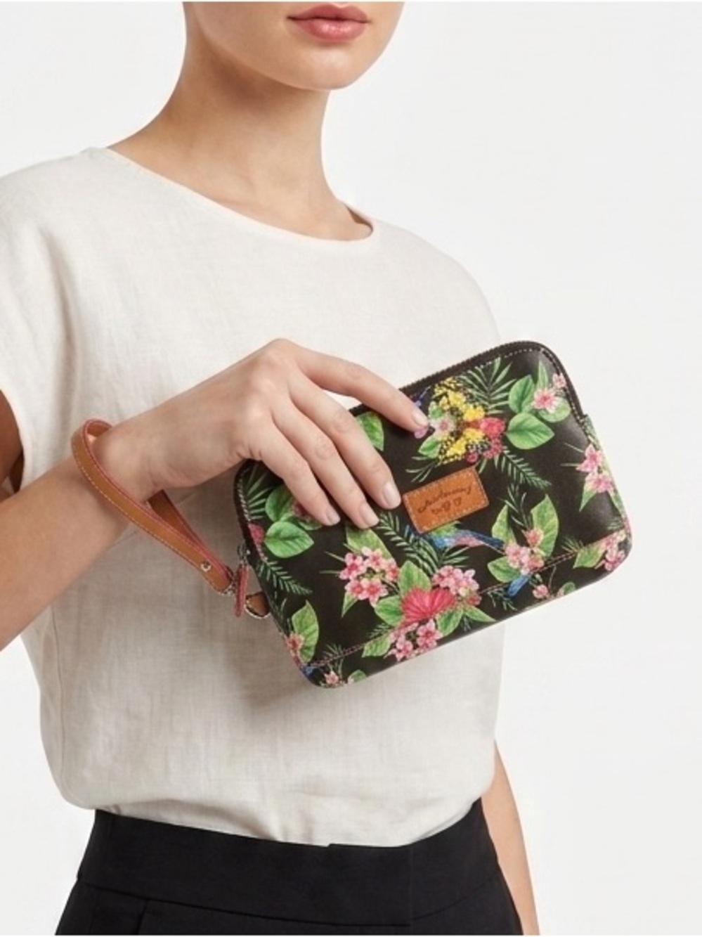 Cavalcanti Black Tropical Floral Leather Wristlet Clutch